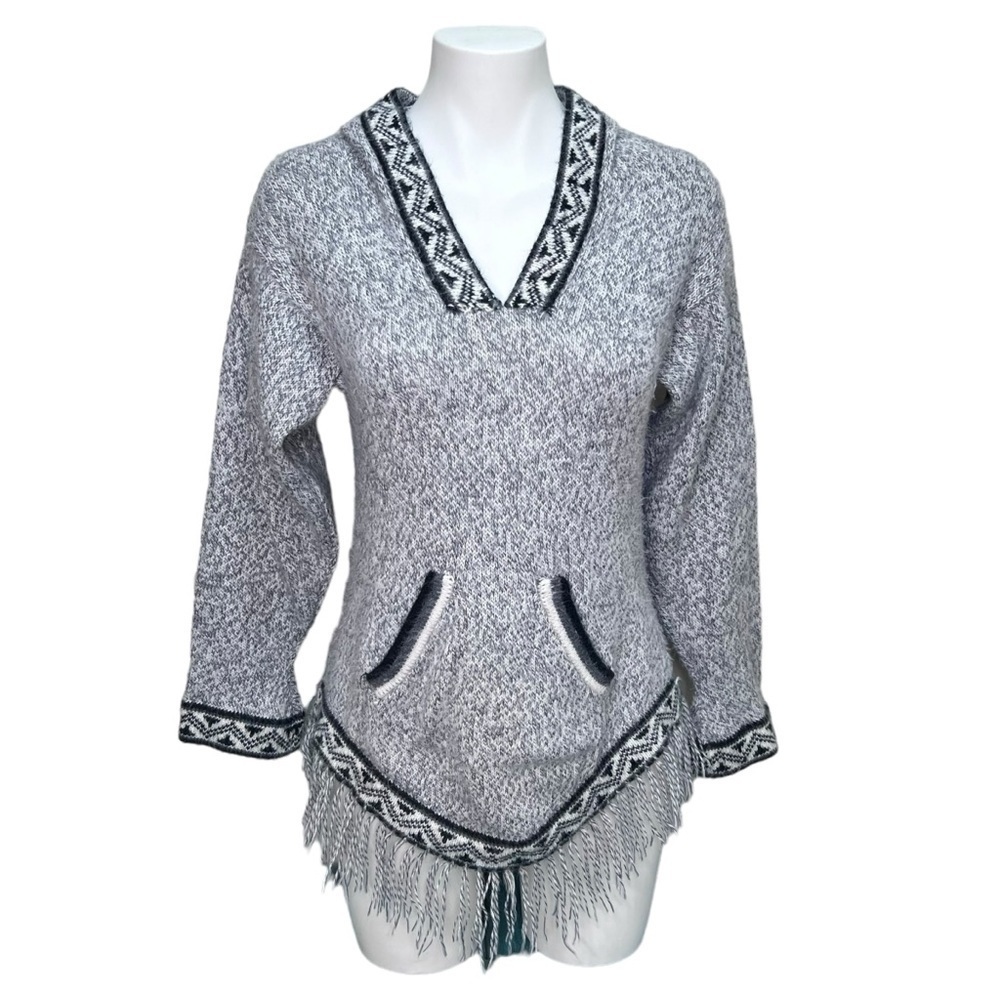 `Unbranded Grey Knit Vneck Hooded Pullover Sweater Fringe Kangaroo Pocket